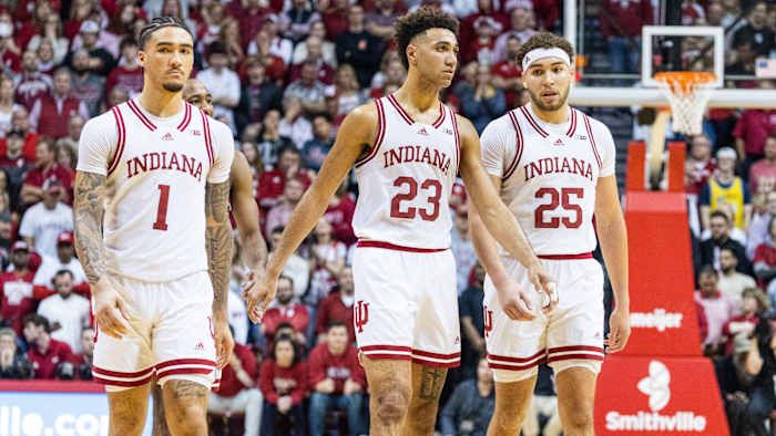 Indiana Hoosiers guard Jalen Hood-Schifino, forward Trayce Jackson-Davis and forward Race Thompson